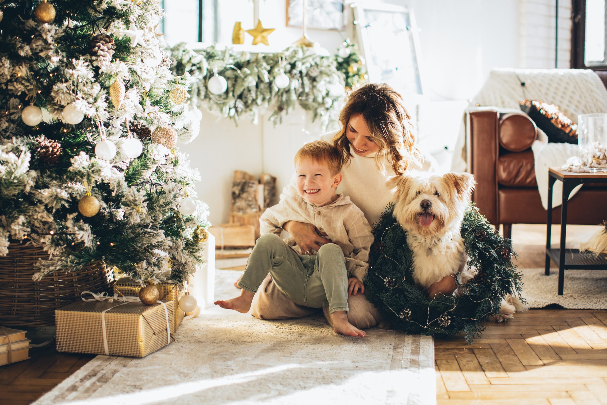 woman with baby and dog in front of Christmas tree